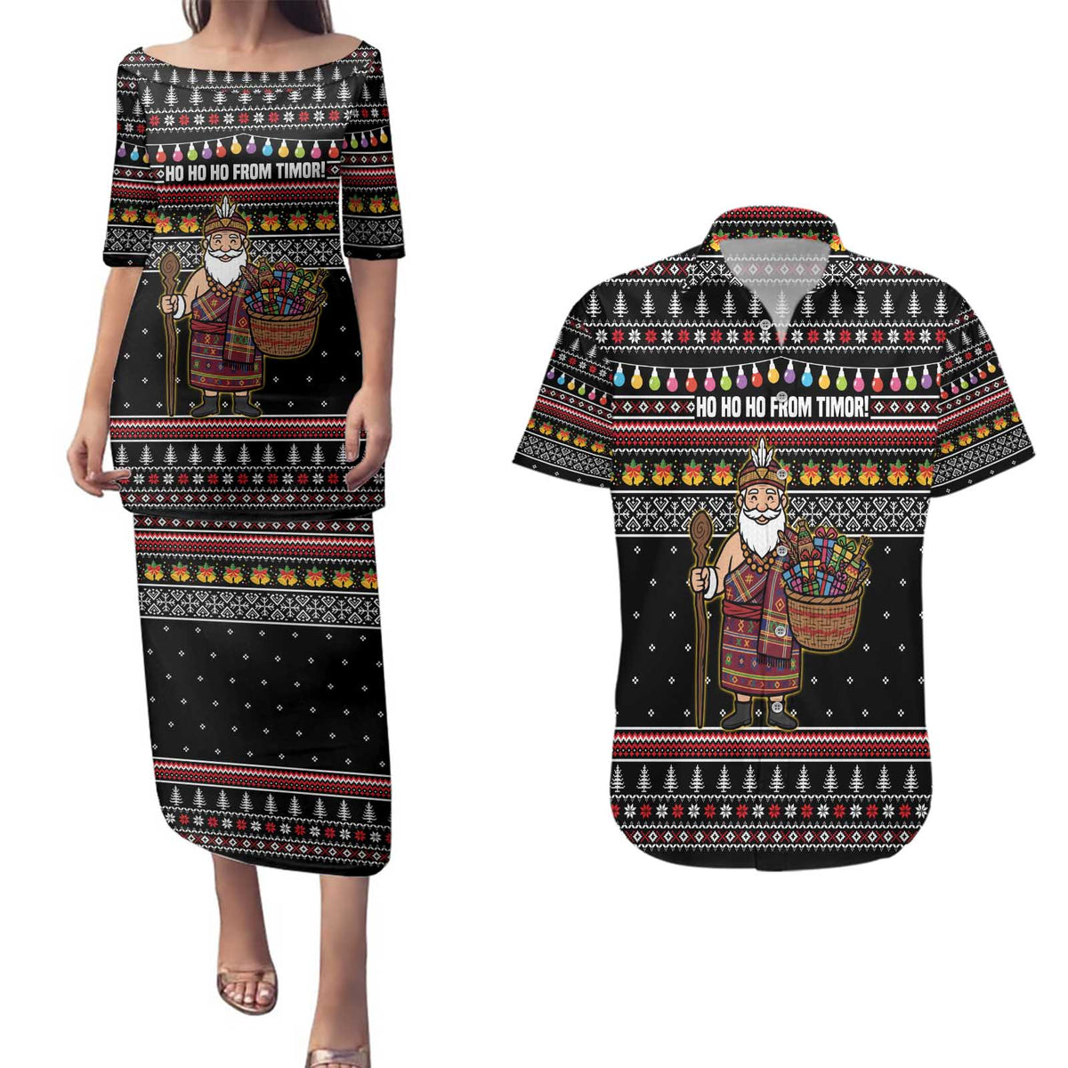 East Timor Christmas Couples Matching Puletasi and Hawaiian Shirt with Santa in Traditional Robe Gift Basket Ho Ho Ho Text and Black Festive - Wonder Print Shop