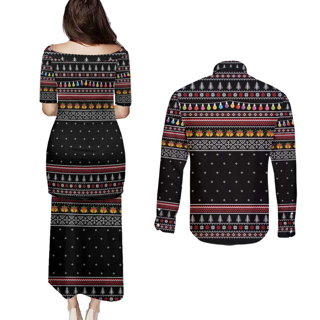 East Timor Christmas Couples Matching Puletasi and Long Sleeve Button Shirt with Santa in Traditional Robe Gift Basket Ho Ho Ho Text and Black Festive - Wonder Print Shop