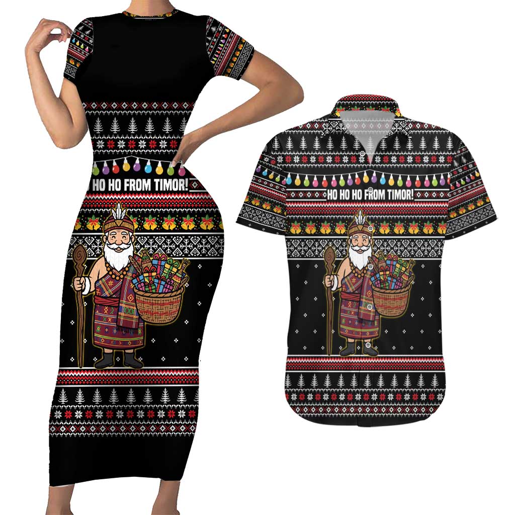 East Timor Christmas Couples Matching Short Sleeve Bodycon Dress and Hawaiian Shirt with Santa in Traditional Robe Gift Basket Ho Ho Ho Text and Black Festive - Wonder Print Shop