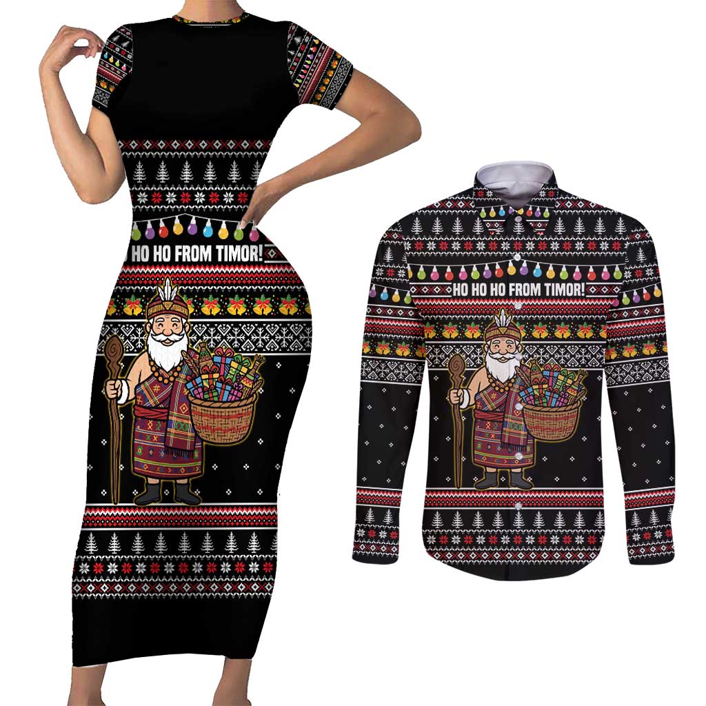 East Timor Christmas Couples Matching Short Sleeve Bodycon Dress and Long Sleeve Button Shirt with Santa in Traditional Robe Gift Basket Ho Ho Ho Text and Black Festive - Wonder Print Shop