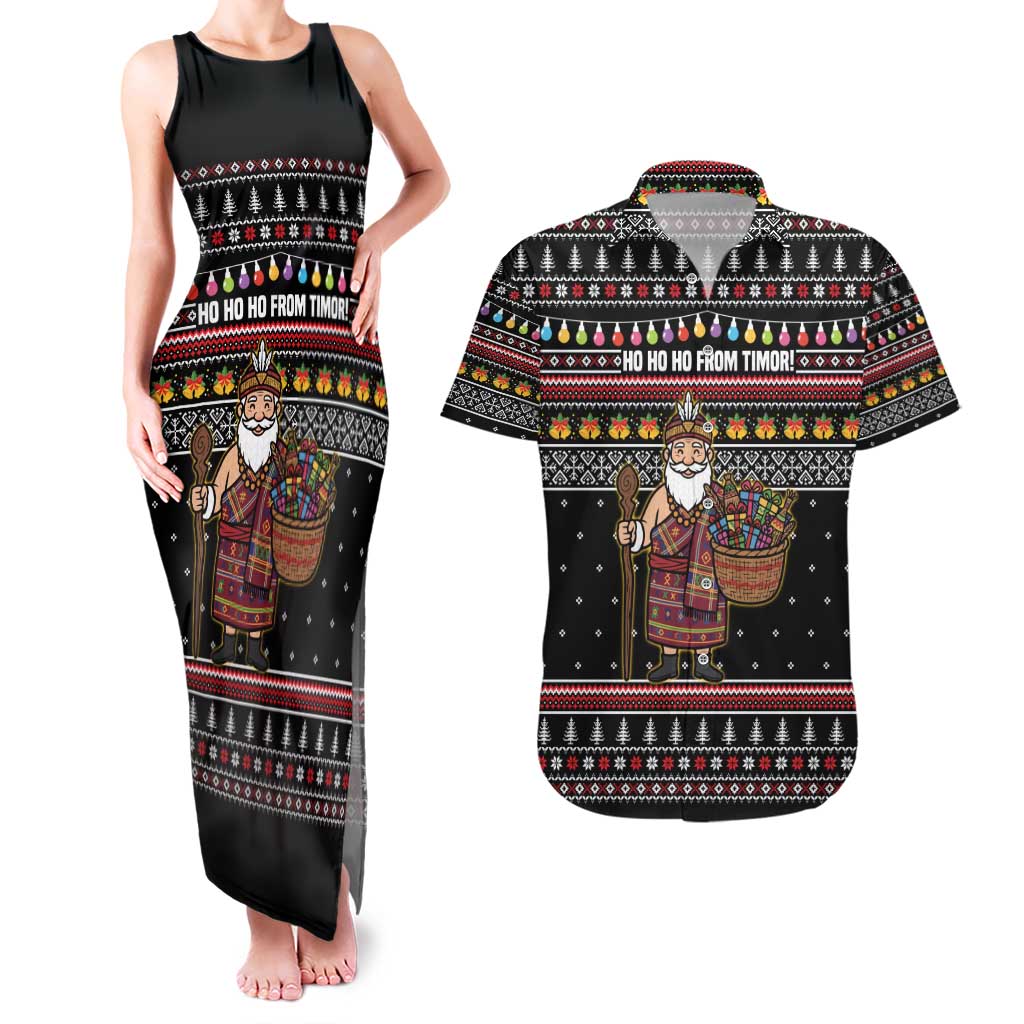 East Timor Christmas Couples Matching Tank Maxi Dress and Hawaiian Shirt with Santa in Traditional Robe Gift Basket Ho Ho Ho Text and Black Festive - Wonder Print Shop