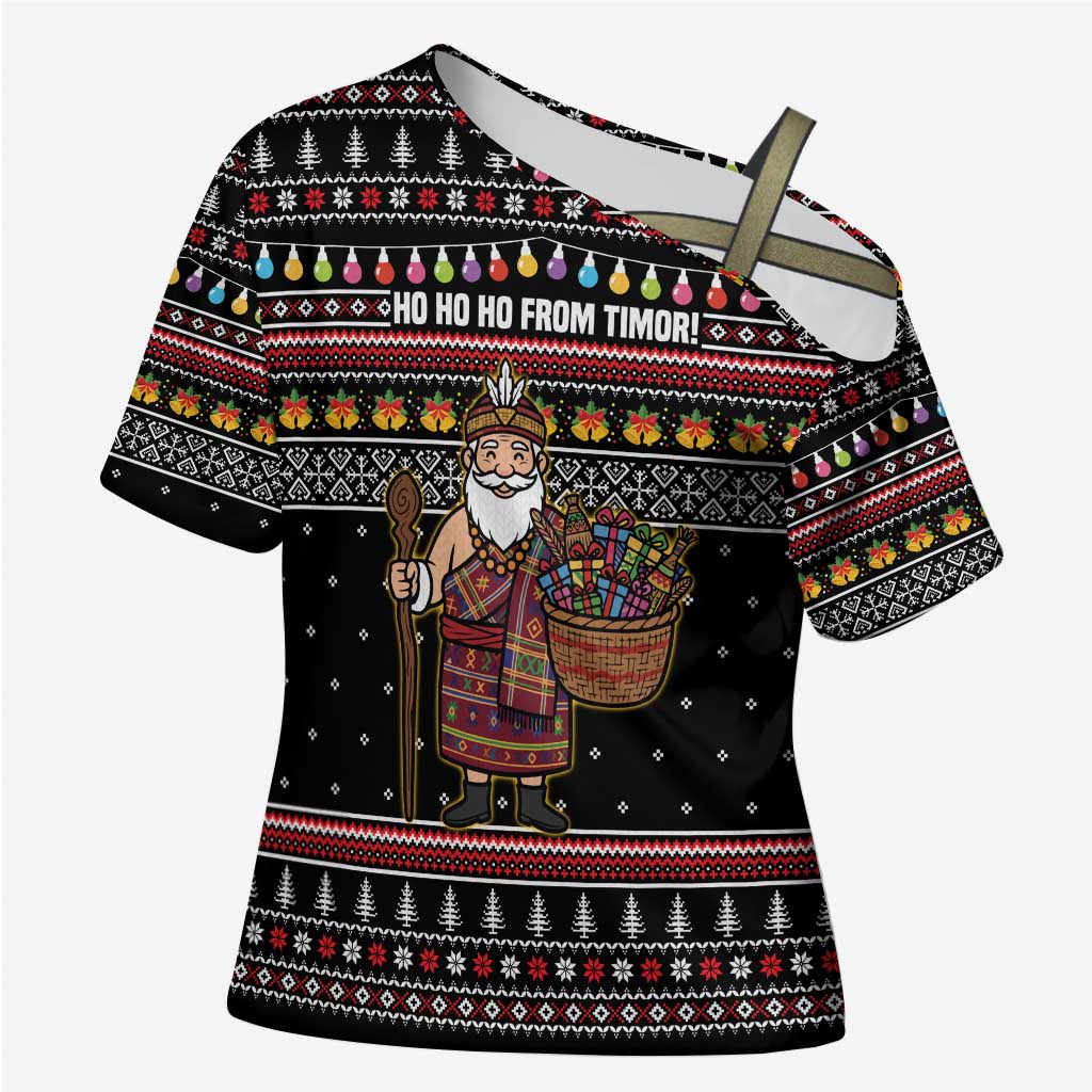 East Timor Christmas Cross Shoulder Shirt with Santa in Traditional Robe Gift Basket Ho Ho Ho Text and Black Festive - Wonder Print Shop