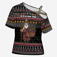 East Timor Christmas Cross Shoulder Shirt with Santa in Traditional Robe Gift Basket Ho Ho Ho Text and Black Festive - Wonder Print Shop