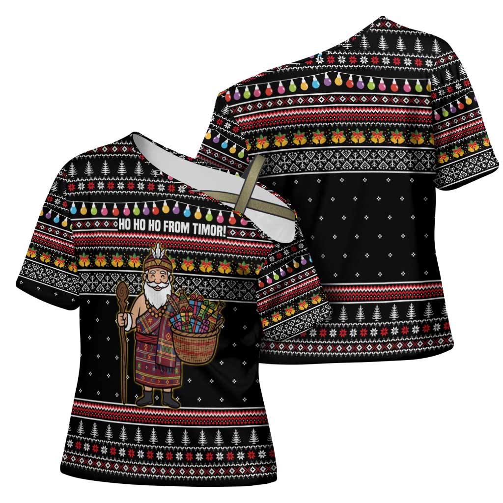 East Timor Christmas Cross Shoulder Shirt with Santa in Traditional Robe Gift Basket Ho Ho Ho Text and Black Festive - Wonder Print Shop