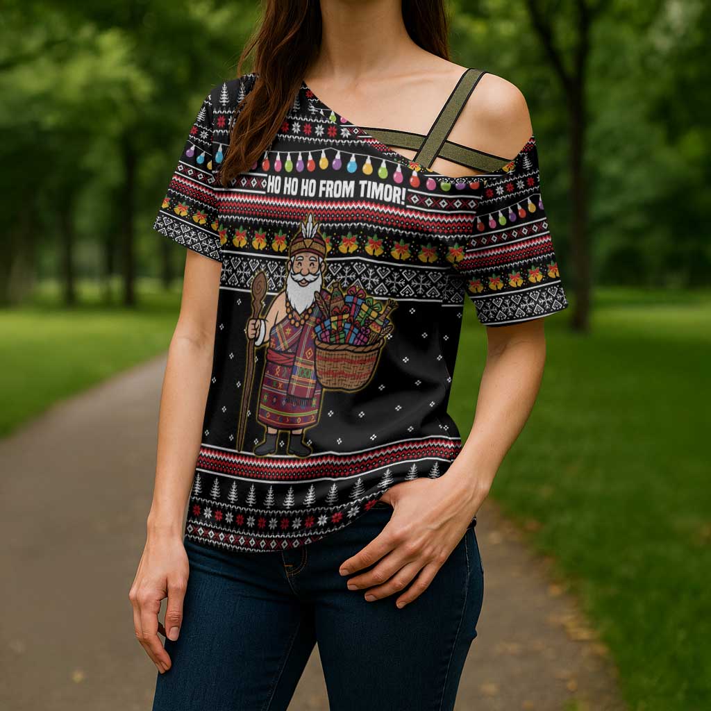 East Timor Christmas Cross Shoulder Shirt with Santa in Traditional Robe Gift Basket Ho Ho Ho Text and Black Festive - Wonder Print Shop