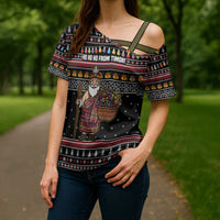 East Timor Christmas Cross Shoulder Shirt with Santa in Traditional Robe Gift Basket Ho Ho Ho Text and Black Festive - Wonder Print Shop