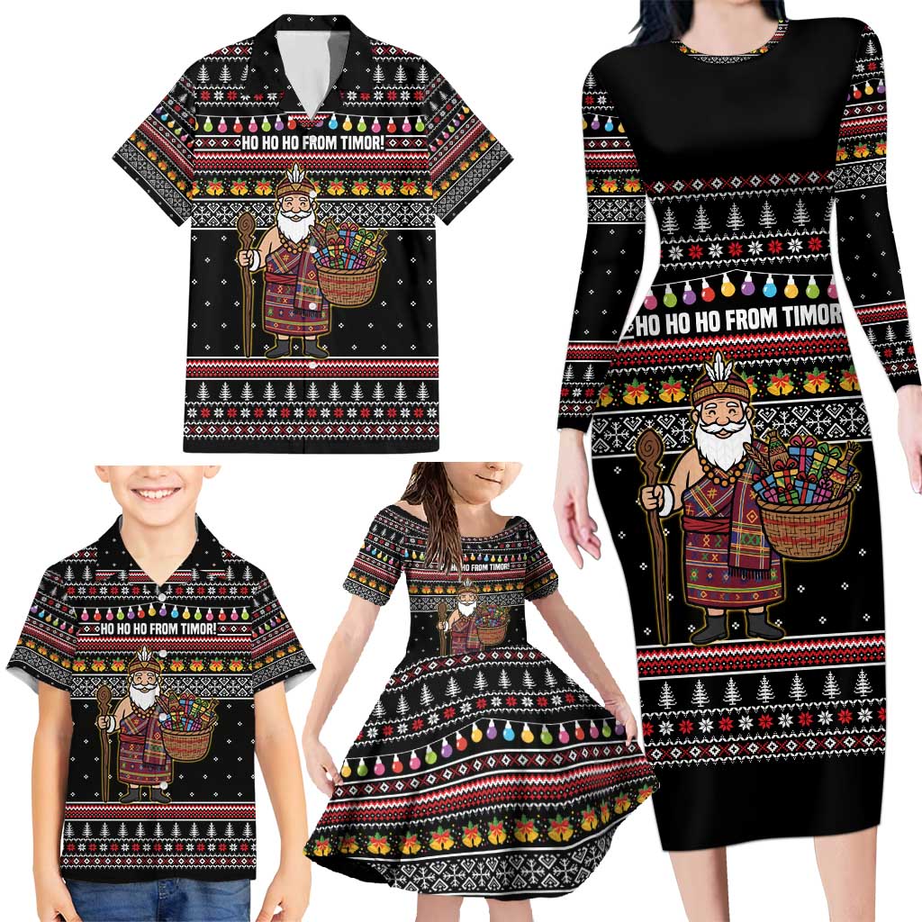 East Timor Christmas Family Matching Long Sleeve Bodycon Dress and Hawaiian Shirt with Santa in Traditional Robe Gift Basket Ho Ho Ho Text and Black Festive - Wonder Print Shop
