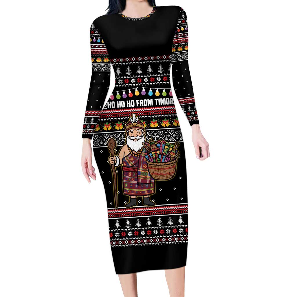 East Timor Christmas Family Matching Long Sleeve Bodycon Dress and Hawaiian Shirt with Santa in Traditional Robe Gift Basket Ho Ho Ho Text and Black Festive - Wonder Print Shop