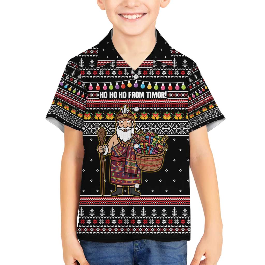 East Timor Christmas Family Matching Long Sleeve Bodycon Dress and Hawaiian Shirt with Santa in Traditional Robe Gift Basket Ho Ho Ho Text and Black Festive - Wonder Print Shop