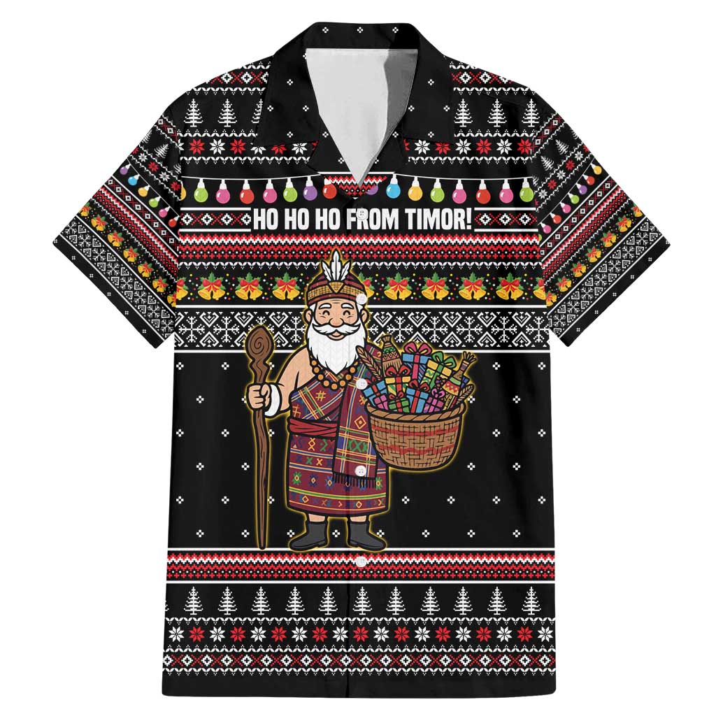 East Timor Christmas Family Matching Mermaid Dress and Hawaiian Shirt with Santa in Traditional Robe Gift Basket Ho Ho Ho Text and Black Festive - Wonder Print Shop