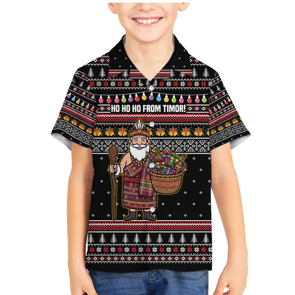 East Timor Christmas Family Matching Mermaid Dress and Hawaiian Shirt with Santa in Traditional Robe Gift Basket Ho Ho Ho Text and Black Festive - Wonder Print Shop