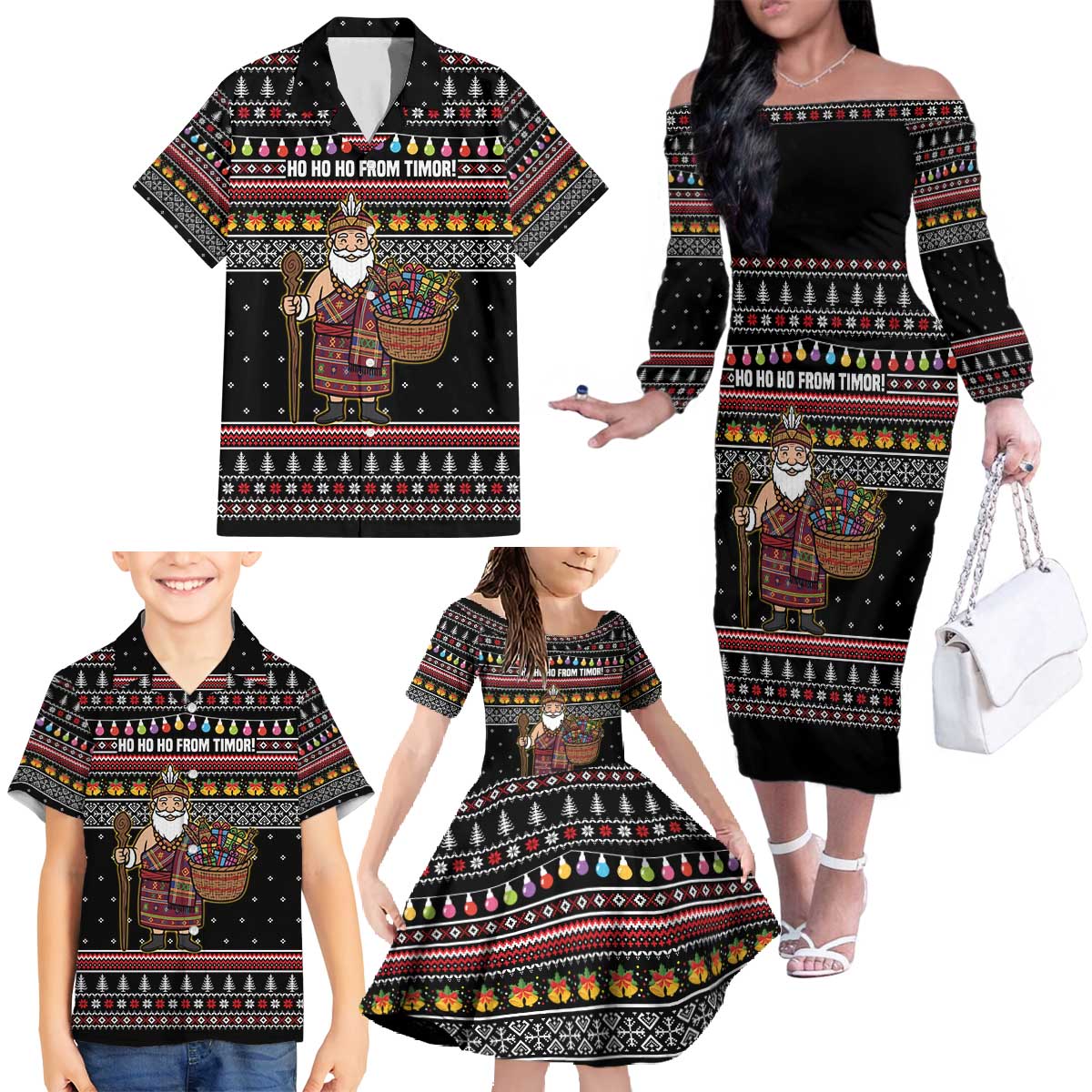East Timor Christmas Family Matching Off The Shoulder Long Sleeve Dress and Hawaiian Shirt with Santa in Traditional Robe Gift Basket Ho Ho Ho Text and Black Festive - Wonder Print Shop