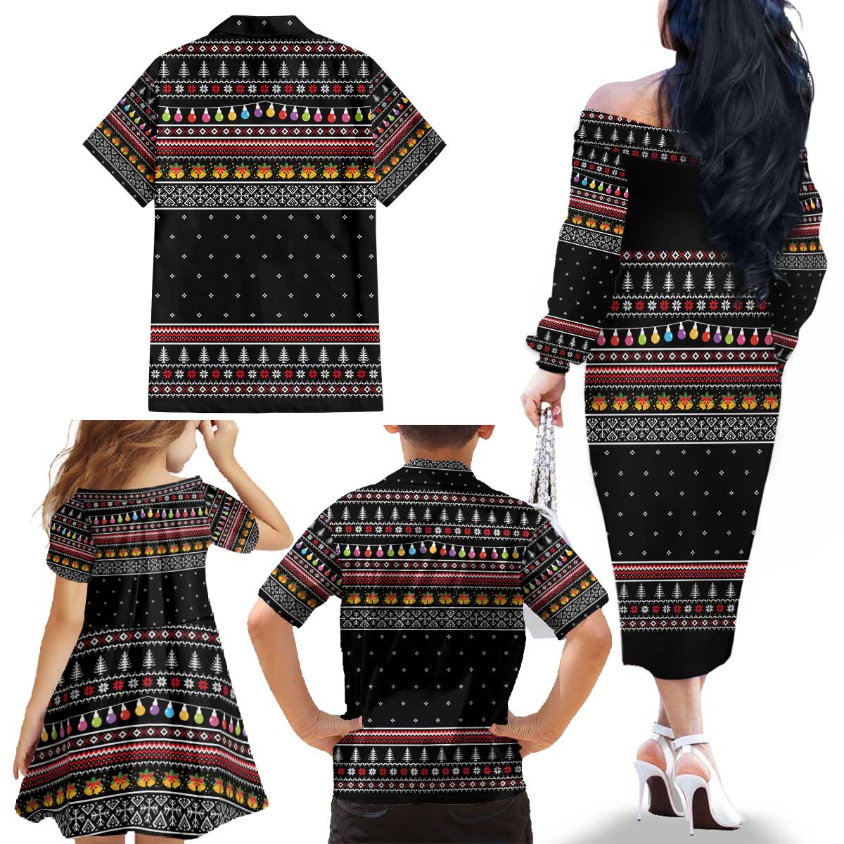 East Timor Christmas Family Matching Off The Shoulder Long Sleeve Dress and Hawaiian Shirt with Santa in Traditional Robe Gift Basket Ho Ho Ho Text and Black Festive - Wonder Print Shop