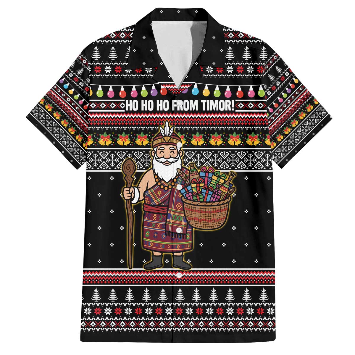 East Timor Christmas Family Matching Off The Shoulder Long Sleeve Dress and Hawaiian Shirt with Santa in Traditional Robe Gift Basket Ho Ho Ho Text and Black Festive - Wonder Print Shop
