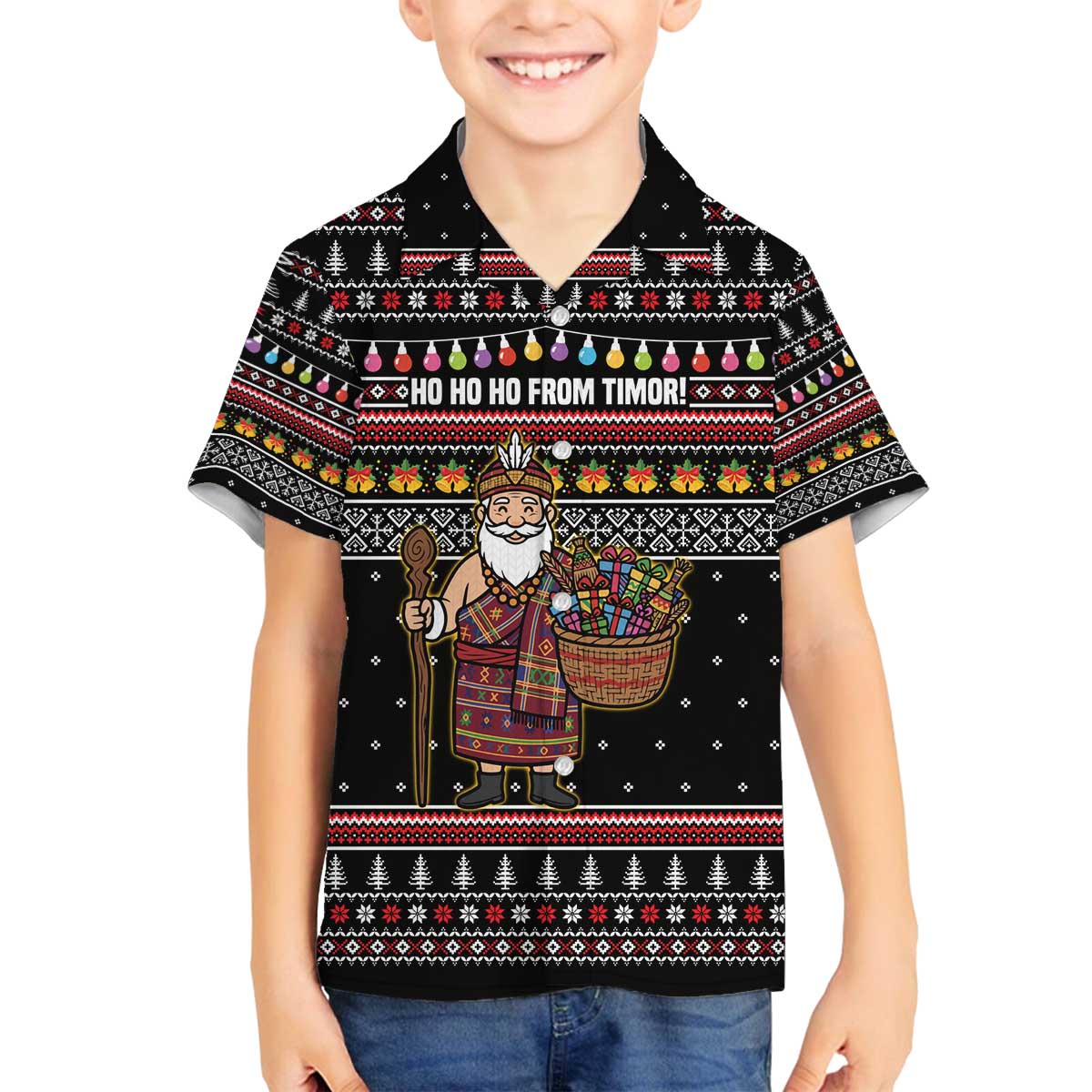 East Timor Christmas Family Matching Off The Shoulder Long Sleeve Dress and Hawaiian Shirt with Santa in Traditional Robe Gift Basket Ho Ho Ho Text and Black Festive - Wonder Print Shop