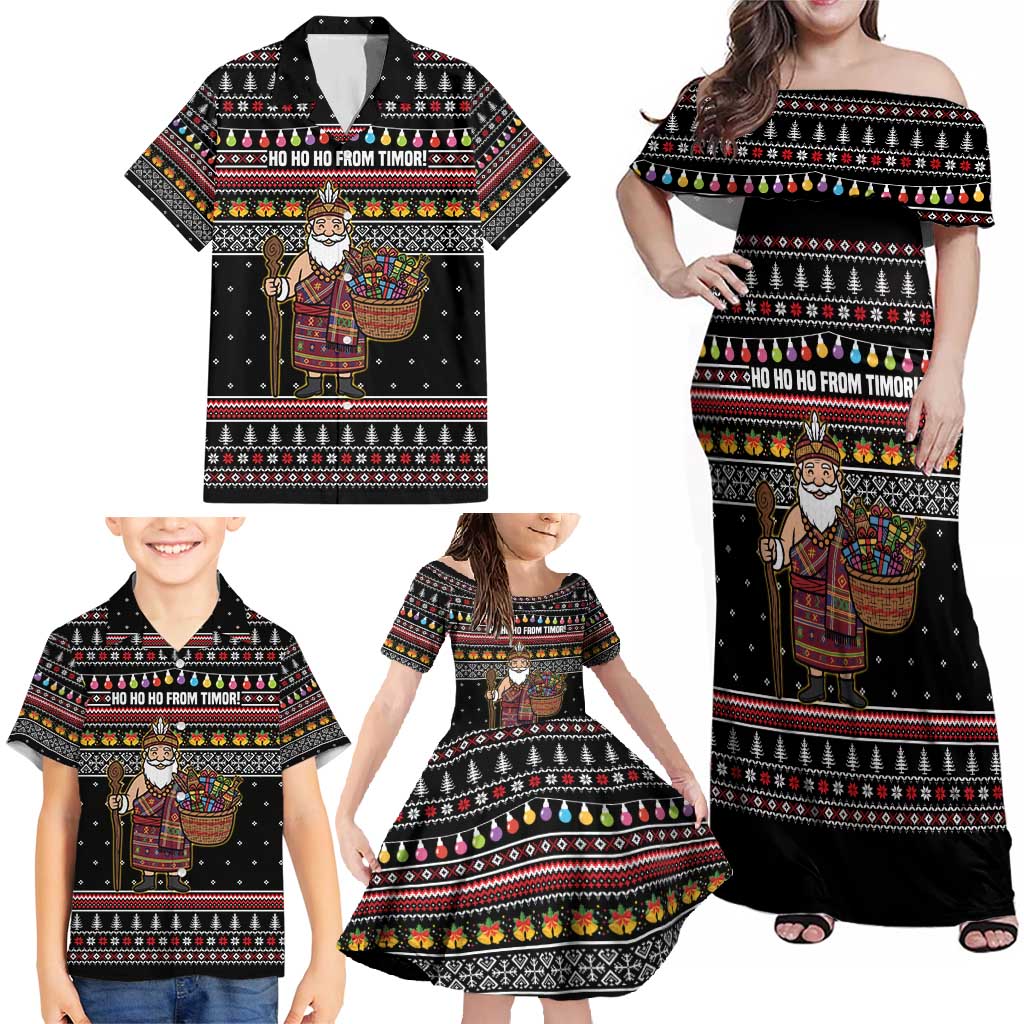 East Timor Christmas Family Matching Off Shoulder Maxi Dress and Hawaiian Shirt with Santa in Traditional Robe Gift Basket Ho Ho Ho Text and Black Festive - Wonder Print Shop