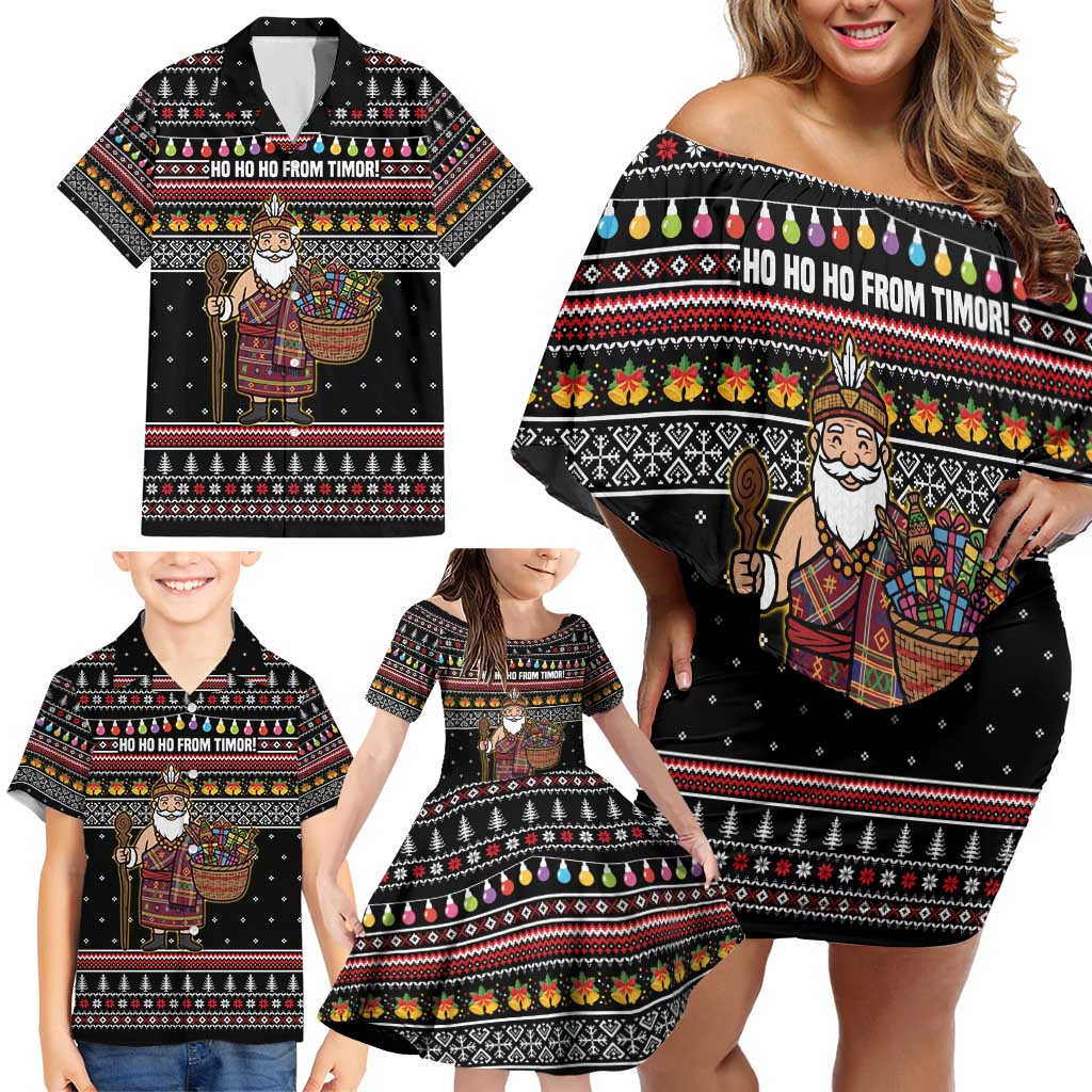 East Timor Christmas Family Matching Off Shoulder Short Dress and Hawaiian Shirt with Santa in Traditional Robe Gift Basket Ho Ho Ho Text and Black Festive - Wonder Print Shop