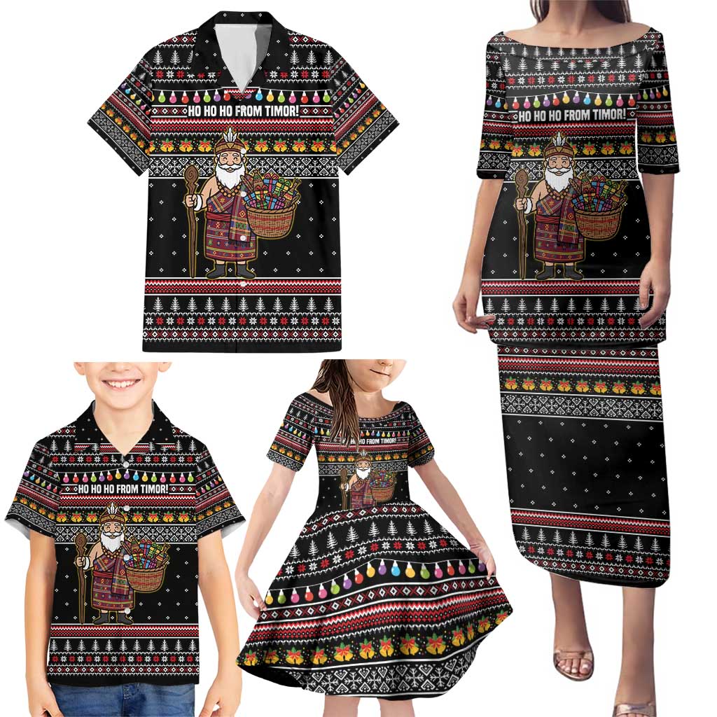East Timor Christmas Family Matching Puletasi and Hawaiian Shirt with Santa in Traditional Robe Gift Basket Ho Ho Ho Text and Black Festive - Wonder Print Shop