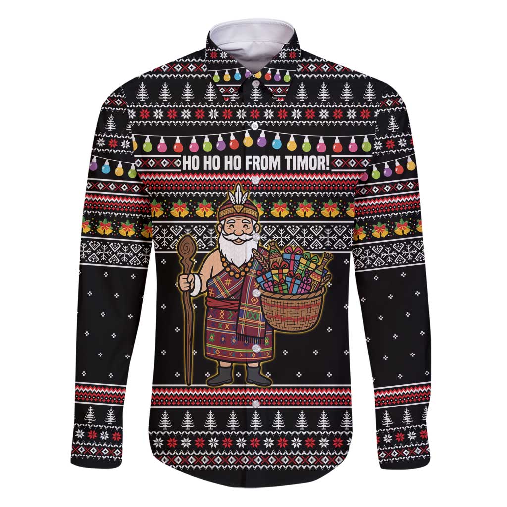 East Timor Christmas Family Matching Puletasi and Hawaiian Shirt with Santa in Traditional Robe Gift Basket Ho Ho Ho Text and Black Festive - Wonder Print Shop