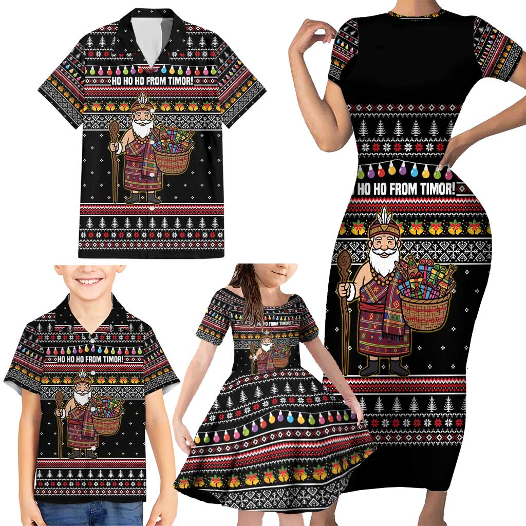 East Timor Christmas Family Matching Short Sleeve Bodycon Dress and Hawaiian Shirt with Santa in Traditional Robe Gift Basket Ho Ho Ho Text and Black Festive - Wonder Print Shop