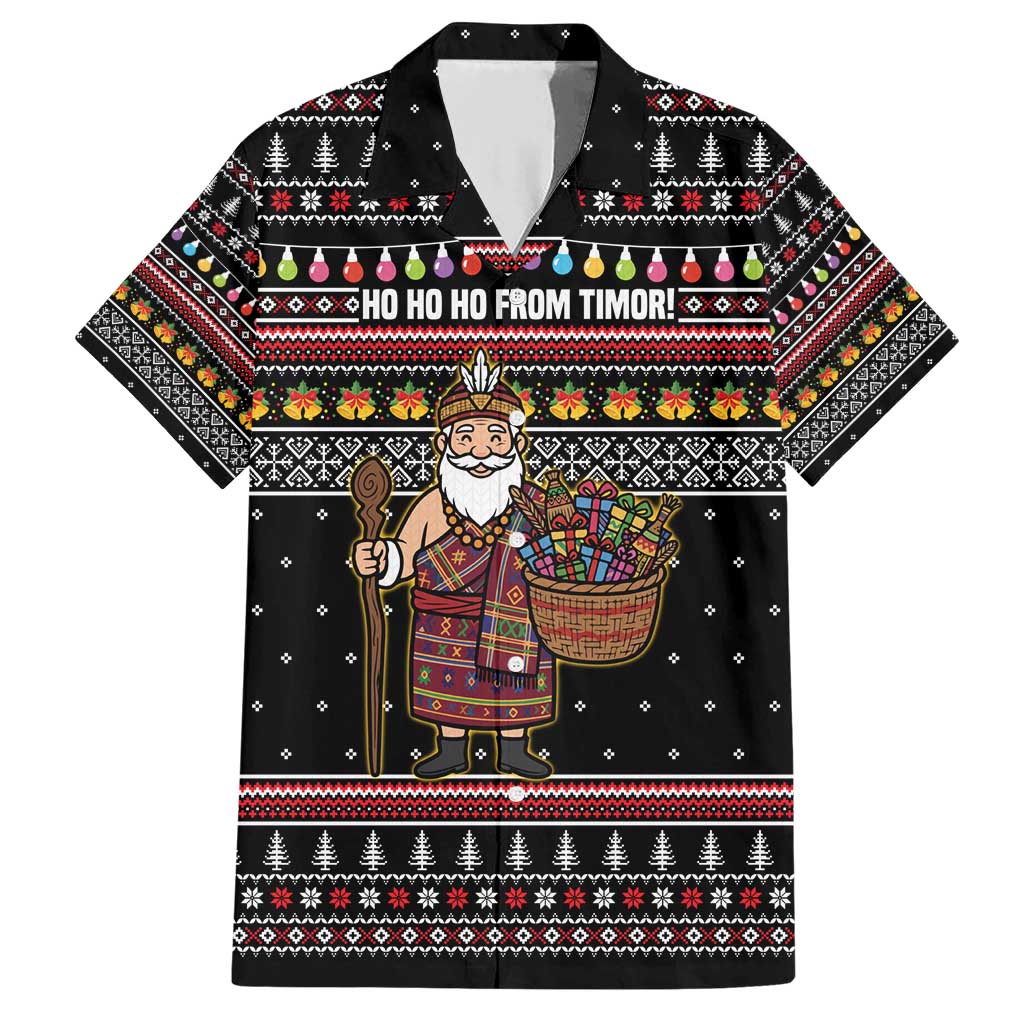 East Timor Christmas Family Matching Short Sleeve Bodycon Dress and Hawaiian Shirt with Santa in Traditional Robe Gift Basket Ho Ho Ho Text and Black Festive - Wonder Print Shop