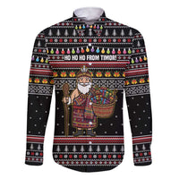 East Timor Christmas Family Matching Short Sleeve Bodycon Dress and Hawaiian Shirt with Santa in Traditional Robe Gift Basket Ho Ho Ho Text and Black Festive - Wonder Print Shop