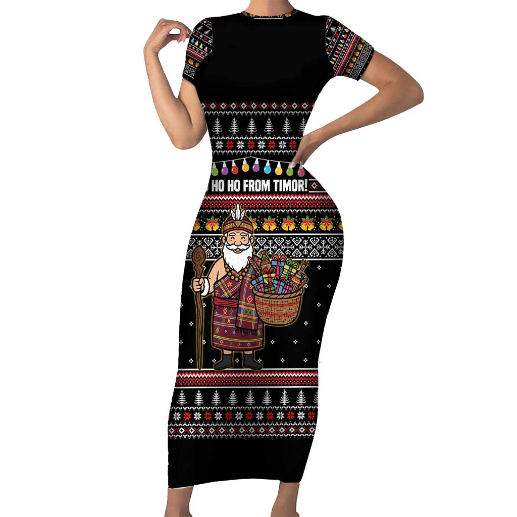 East Timor Christmas Family Matching Short Sleeve Bodycon Dress and Hawaiian Shirt with Santa in Traditional Robe Gift Basket Ho Ho Ho Text and Black Festive - Wonder Print Shop