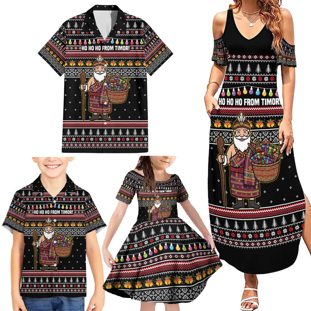East Timor Christmas Family Matching Summer Maxi Dress and Hawaiian Shirt with Santa in Traditional Robe Gift Basket Ho Ho Ho Text and Black Festive - Wonder Print Shop