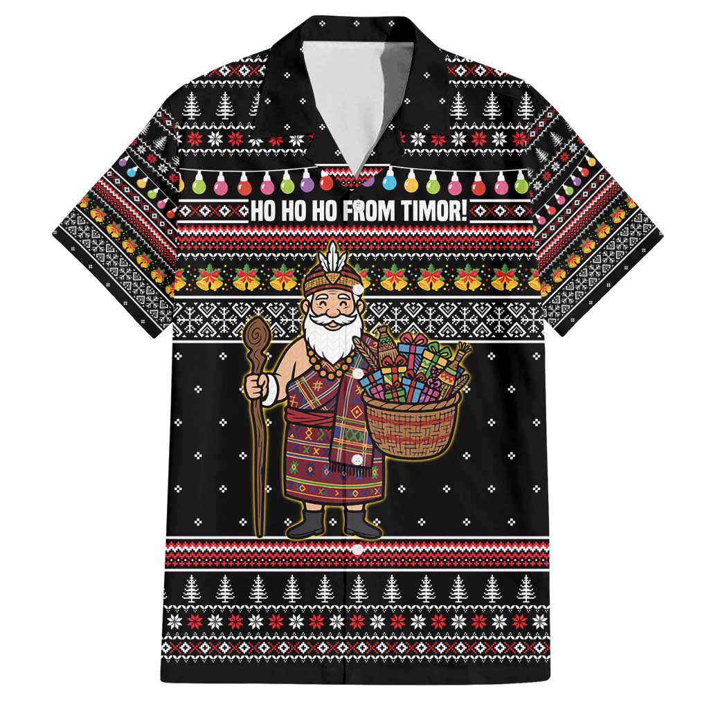 East Timor Christmas Family Matching Summer Maxi Dress and Hawaiian Shirt with Santa in Traditional Robe Gift Basket Ho Ho Ho Text and Black Festive - Wonder Print Shop