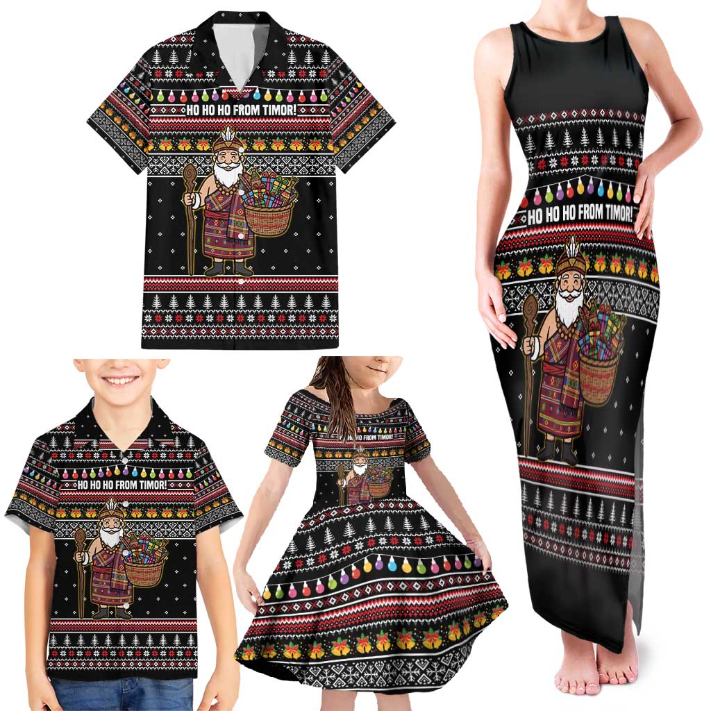 East Timor Christmas Family Matching Tank Maxi Dress and Hawaiian Shirt with Santa in Traditional Robe Gift Basket Ho Ho Ho Text and Black Festive - Wonder Print Shop