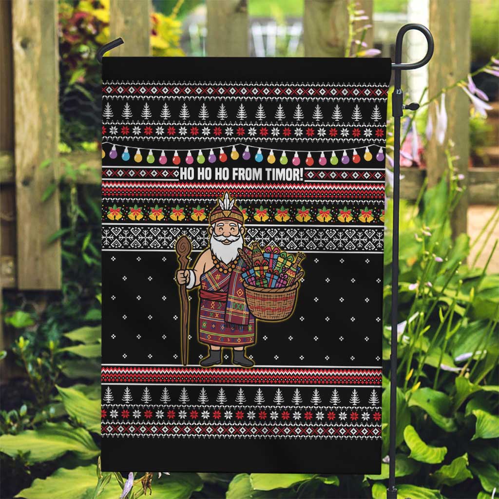 East Timor Christmas Garden Flag with Santa in Traditional Robe Gift Basket Ho Ho Ho Text and Black Festive - Wonder Print Shop