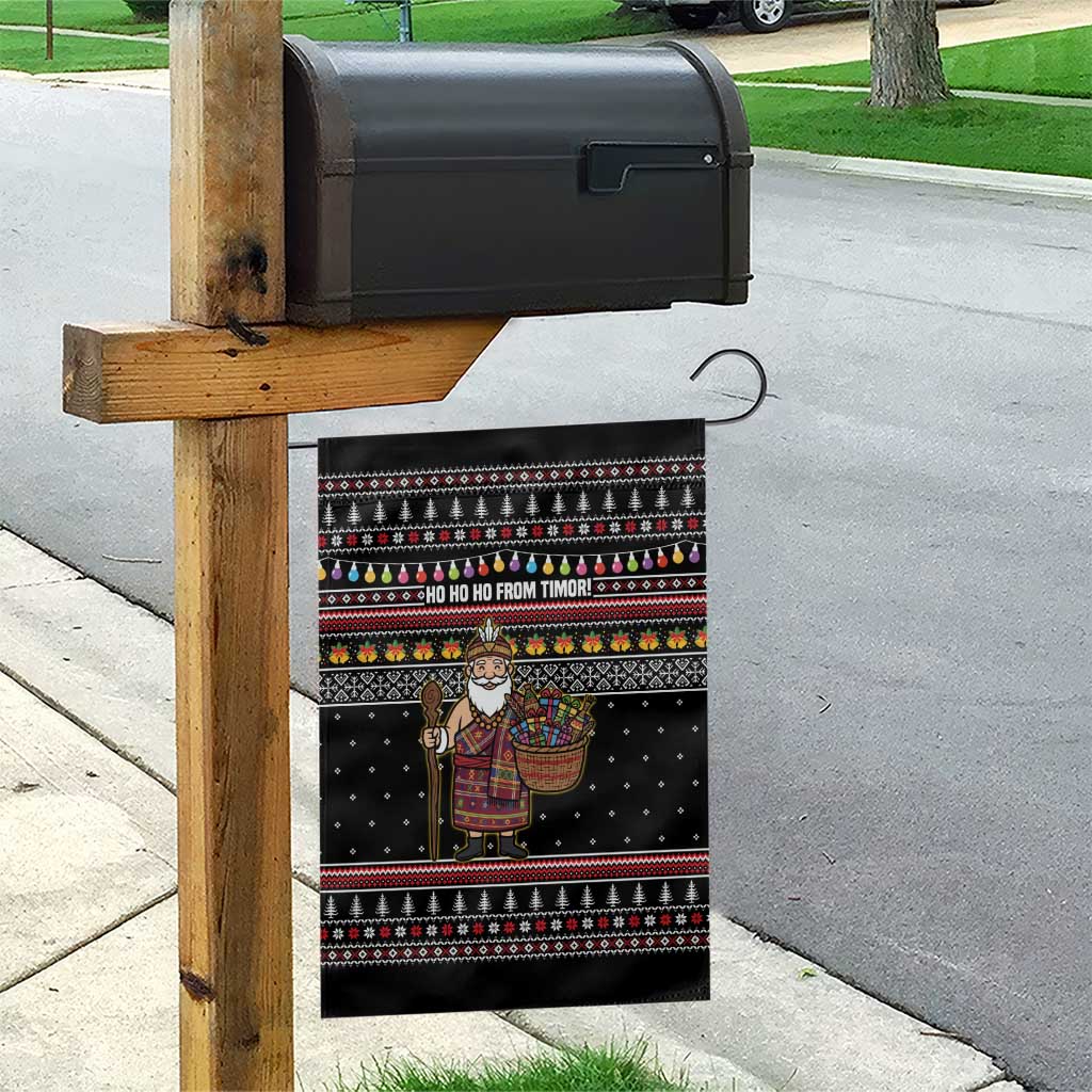 East Timor Christmas Garden Flag with Santa in Traditional Robe Gift Basket Ho Ho Ho Text and Black Festive - Wonder Print Shop