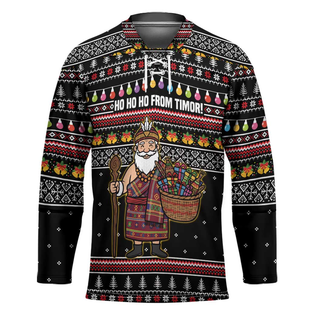 East Timor Christmas Hockey Jersey with Santa in Traditional Robe Gift Basket Ho Ho Ho Text and Black Festive - Wonder Print Shop