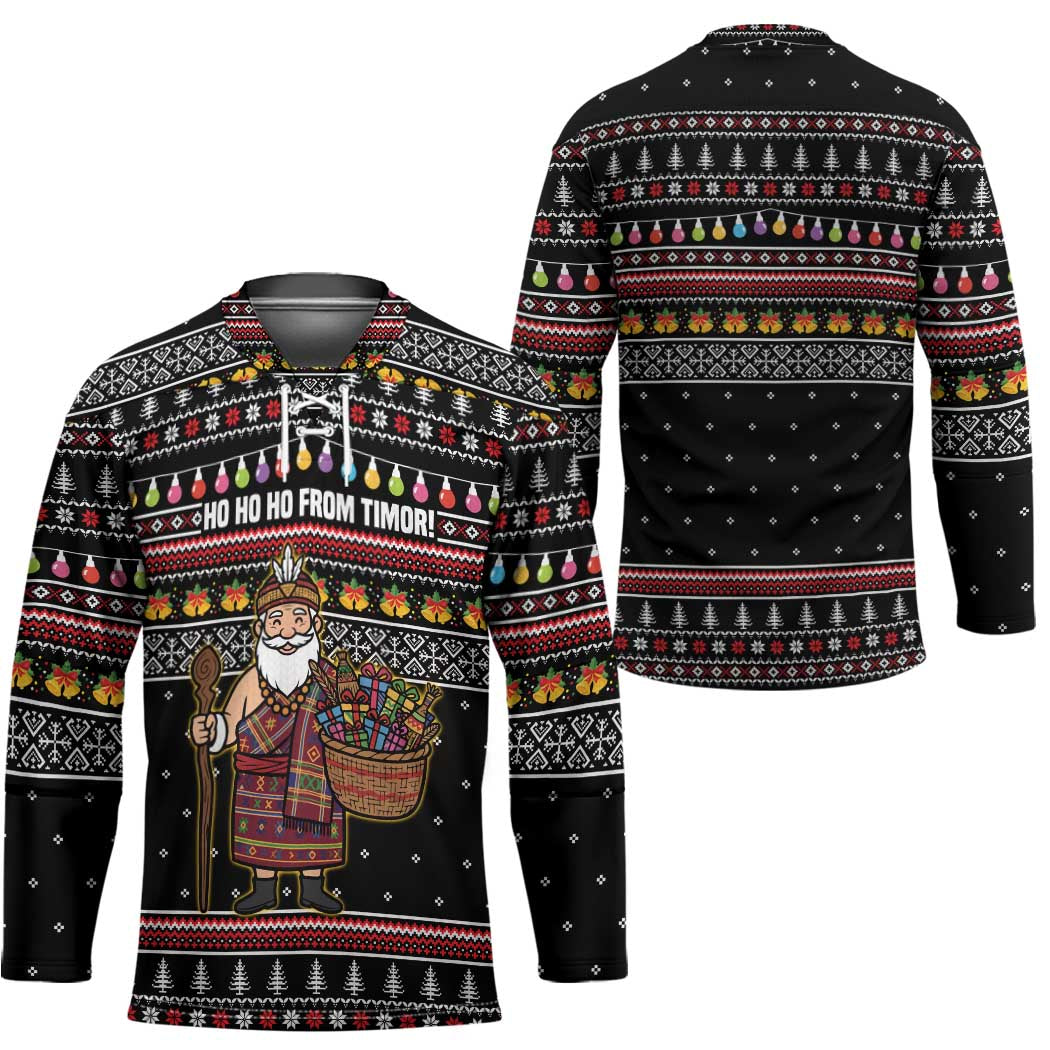 East Timor Christmas Hockey Jersey with Santa in Traditional Robe Gift Basket Ho Ho Ho Text and Black Festive - Wonder Print Shop