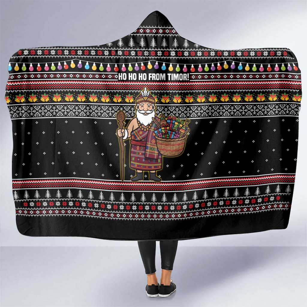 East Timor Christmas Hooded Blanket with Santa in Traditional Robe Gift Basket Ho Ho Ho Text and Black Festive - Wonder Print Shop