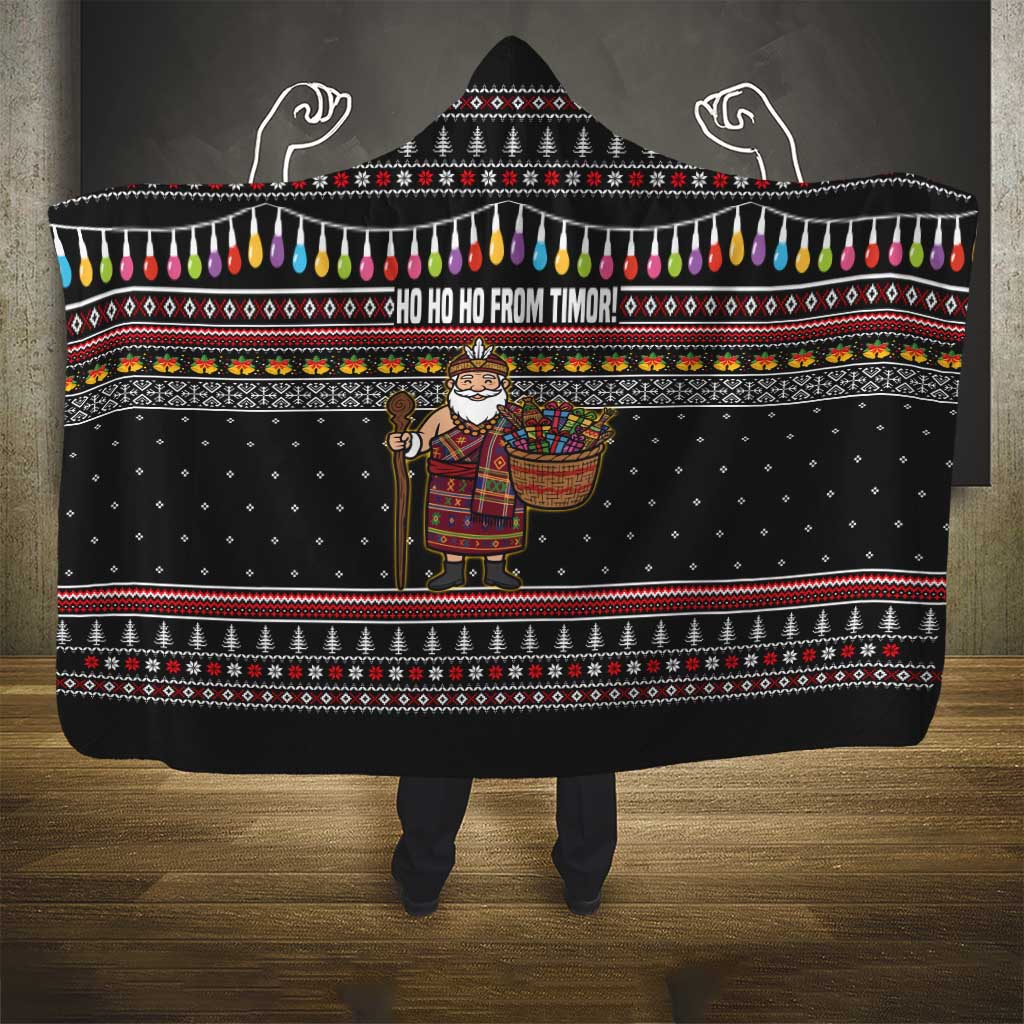 East Timor Christmas Hooded Blanket with Santa in Traditional Robe Gift Basket Ho Ho Ho Text and Black Festive - Wonder Print Shop
