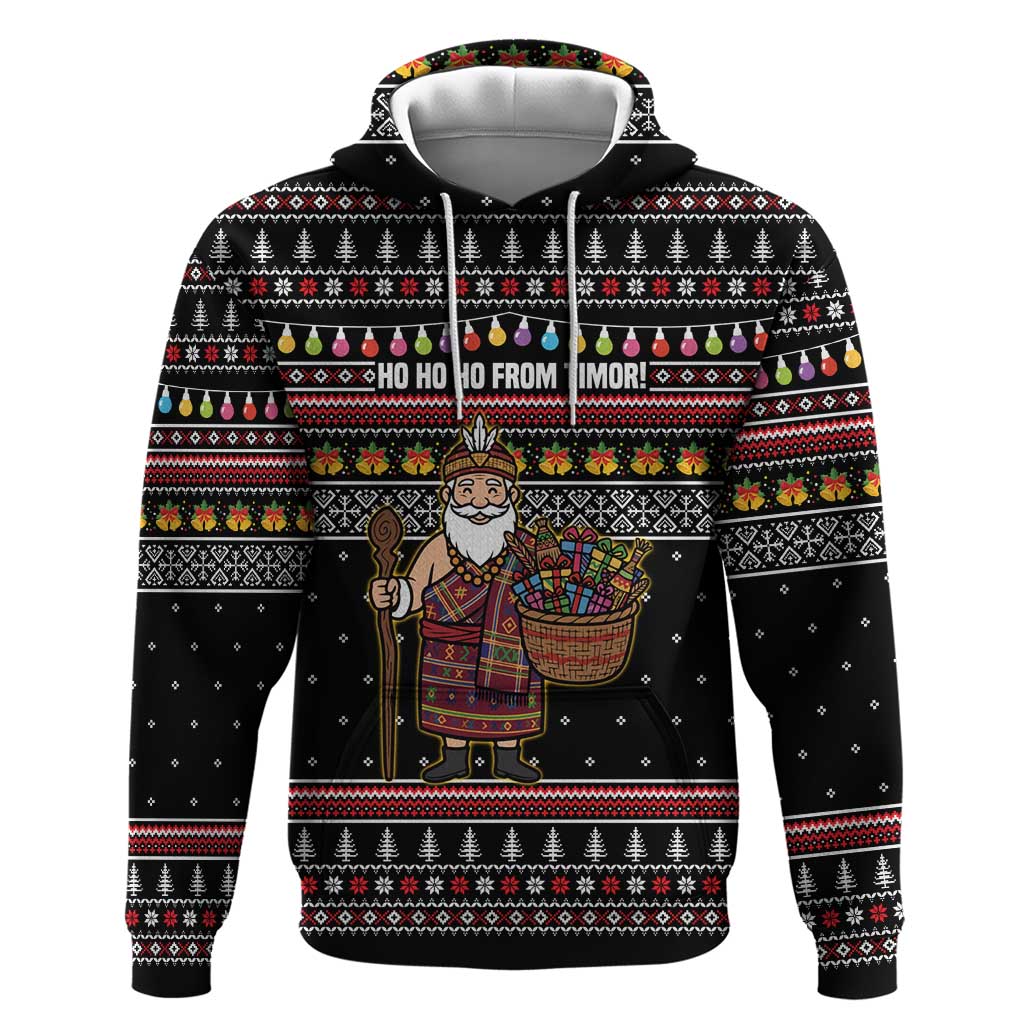 East Timor Christmas Hoodie with Santa in Traditional Robe Gift Basket Ho Ho Ho Text and Black Festive - Wonder Print Shop