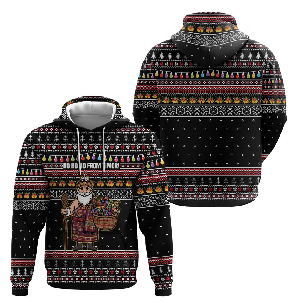 East Timor Christmas Hoodie with Santa in Traditional Robe Gift Basket Ho Ho Ho Text and Black Festive - Wonder Print Shop