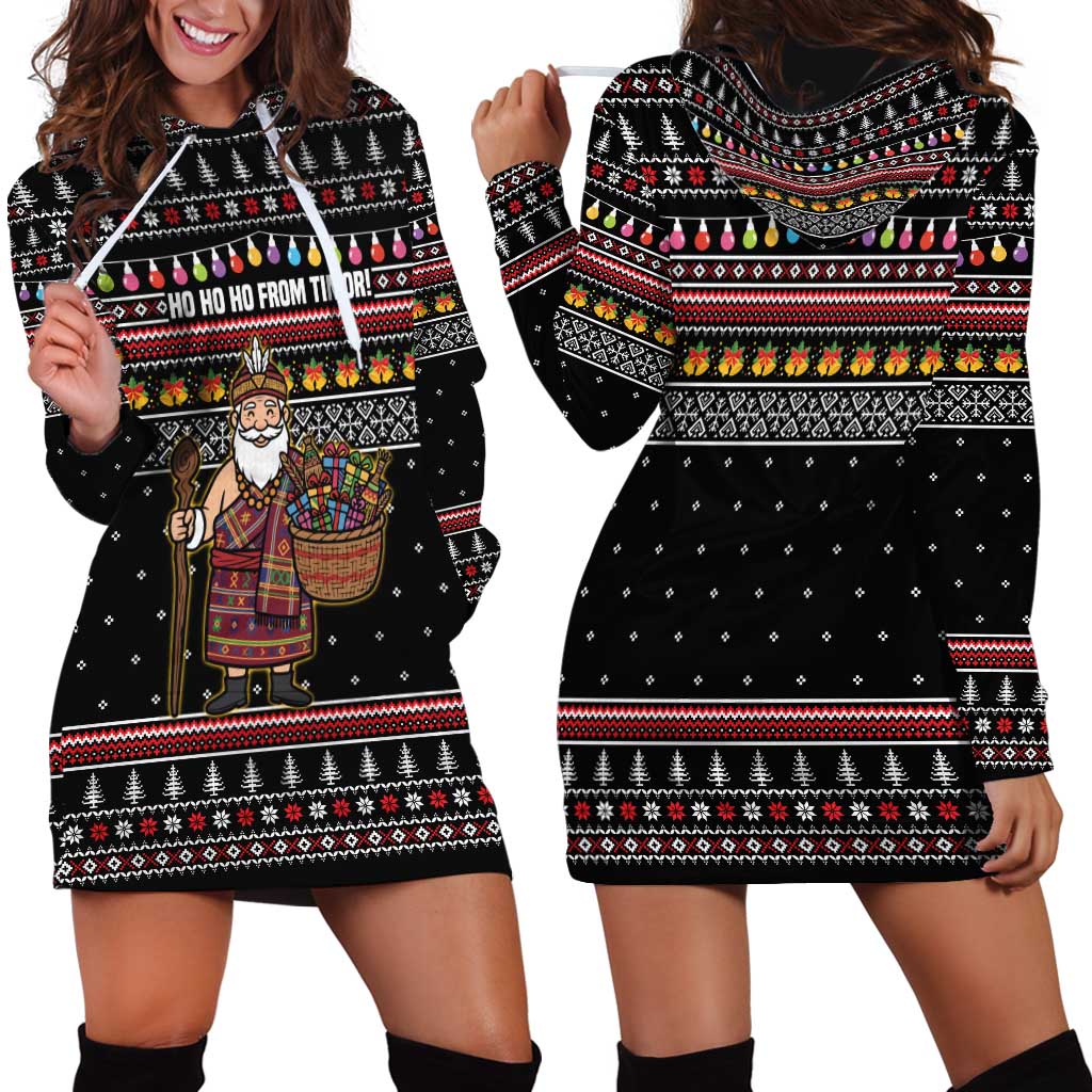 East Timor Christmas Hoodie Dress with Santa in Traditional Robe Gift Basket Ho Ho Ho Text and Black Festive - Wonder Print Shop