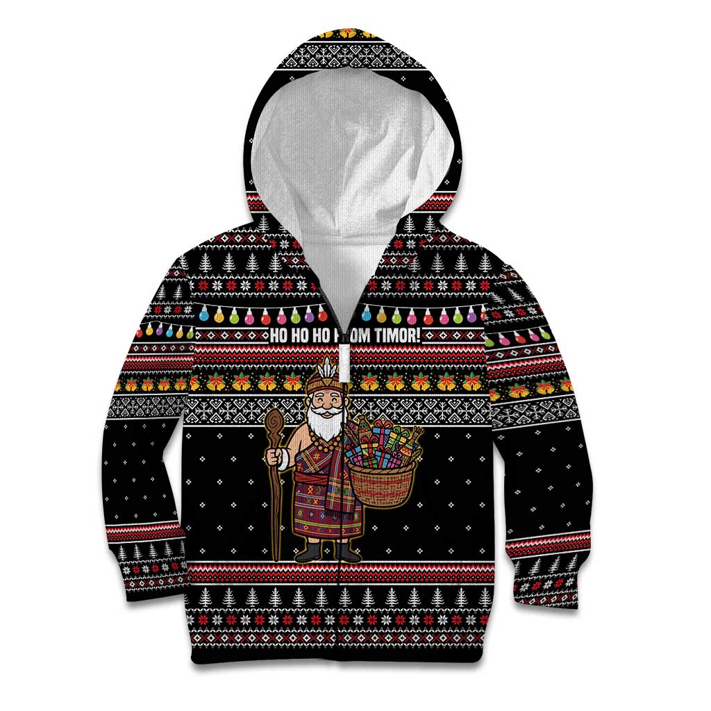 East Timor Christmas Kid Hoodie with Santa in Traditional Robe Gift Basket Ho Ho Ho Text and Black Festive - Wonder Print Shop