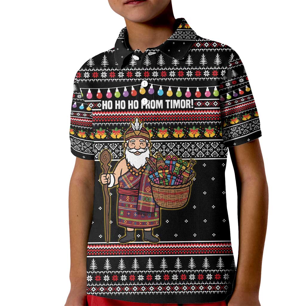 East Timor Christmas Kid Polo Shirt with Santa in Traditional Robe Gift Basket Ho Ho Ho Text and Black Festive - Wonder Print Shop