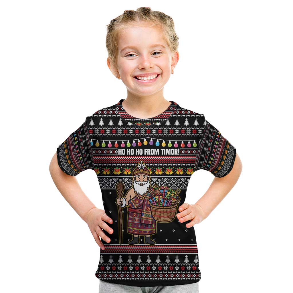 East Timor Christmas Kid T Shirt with Santa in Traditional Robe Gift Basket Ho Ho Ho Text and Black Festive - Wonder Print Shop