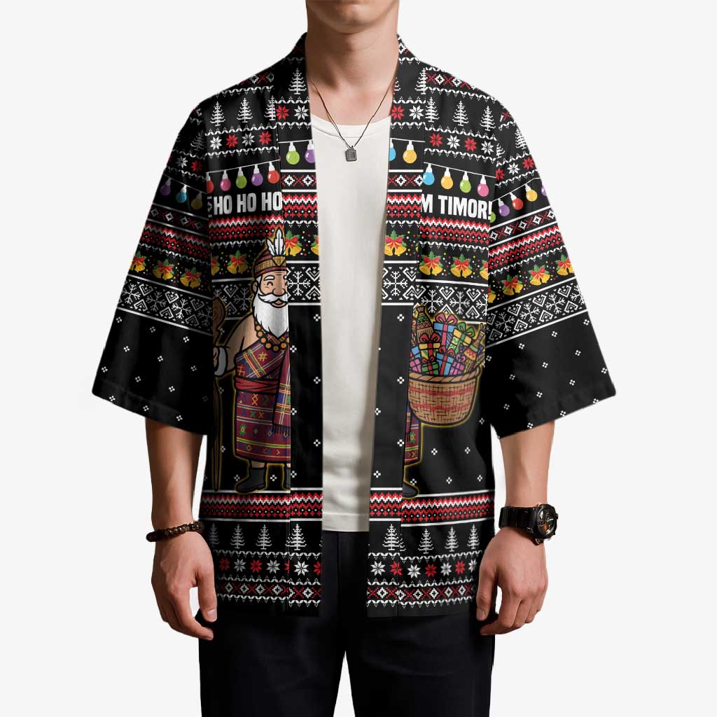 East Timor Christmas Kimono with Santa in Traditional Robe Gift Basket Ho Ho Ho Text and Black Festive - Wonder Print Shop
