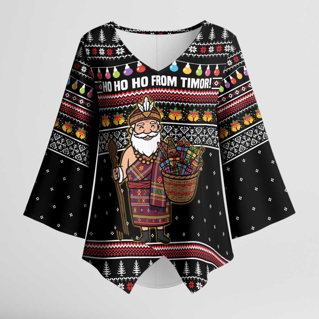East Timor Christmas Kimono Sleeve Blouse with Santa in Traditional Robe Gift Basket Ho Ho Ho Text and Black Festive - Wonder Print Shop