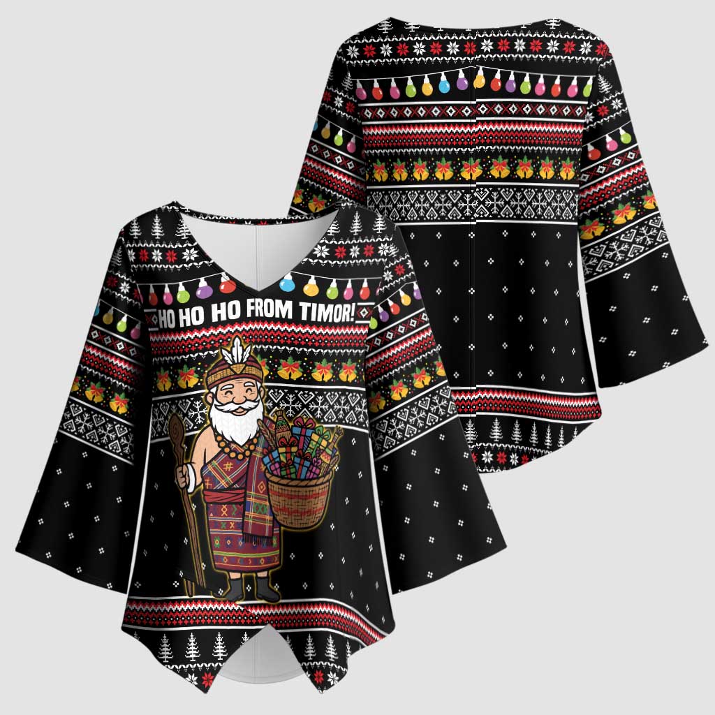 East Timor Christmas Kimono Sleeve Blouse with Santa in Traditional Robe Gift Basket Ho Ho Ho Text and Black Festive - Wonder Print Shop