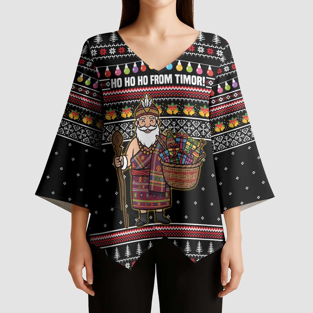 East Timor Christmas Kimono Sleeve Blouse with Santa in Traditional Robe Gift Basket Ho Ho Ho Text and Black Festive - Wonder Print Shop
