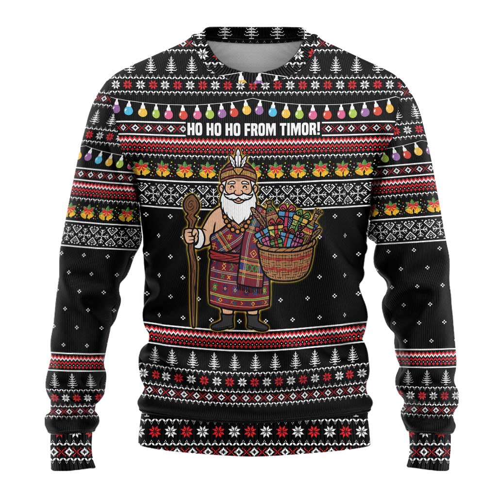 East Timor Christmas Ugly Christmas Sweater with Santa in Traditional Robe Gift Basket Ho Ho Ho Text and Black Festive - Wonder Print Shop