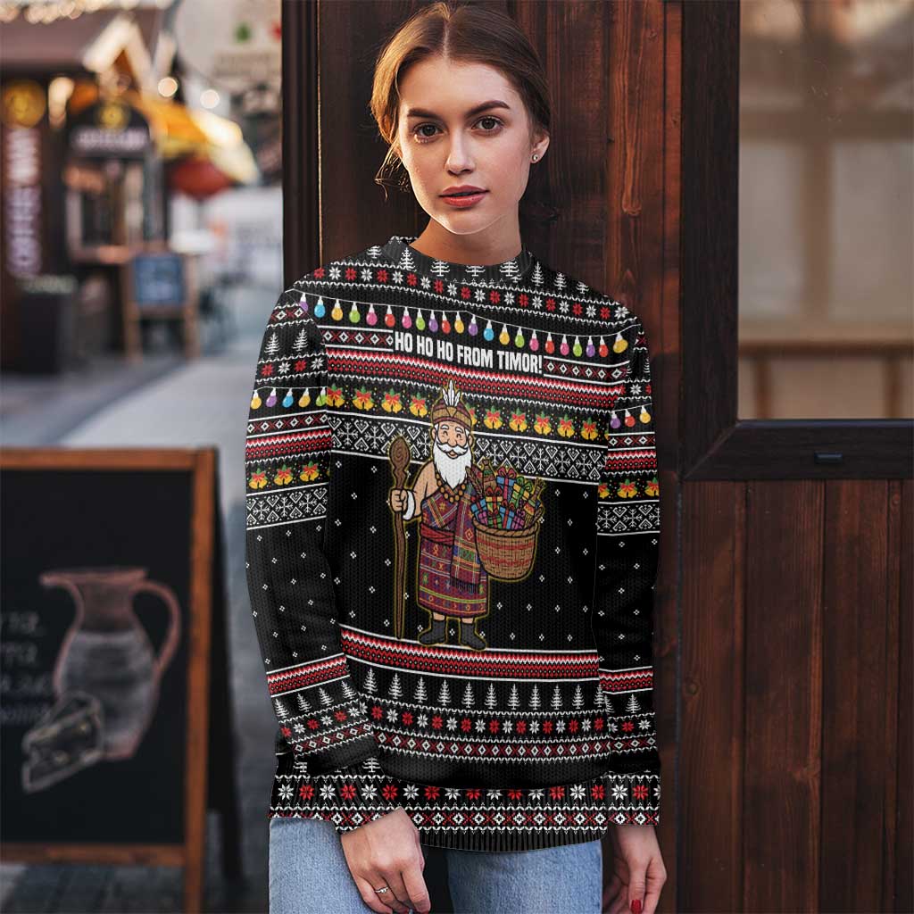 East Timor Christmas Ugly Christmas Sweater with Santa in Traditional Robe Gift Basket Ho Ho Ho Text and Black Festive - Wonder Print Shop