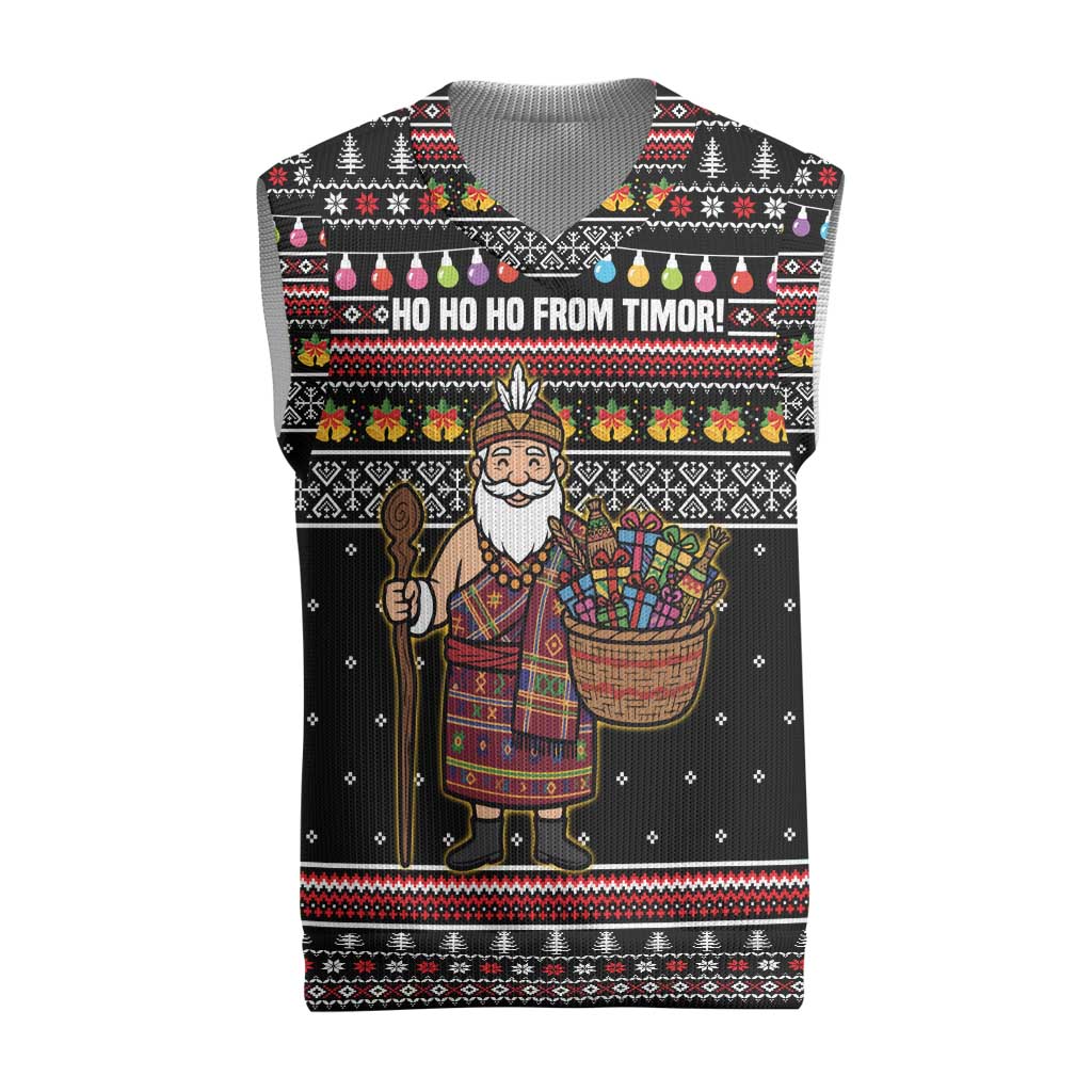 East Timor Christmas Knitted V-Neck Vest with Santa in Traditional Robe Gift Basket Ho Ho Ho Text and Black Festive - Wonder Print Shop