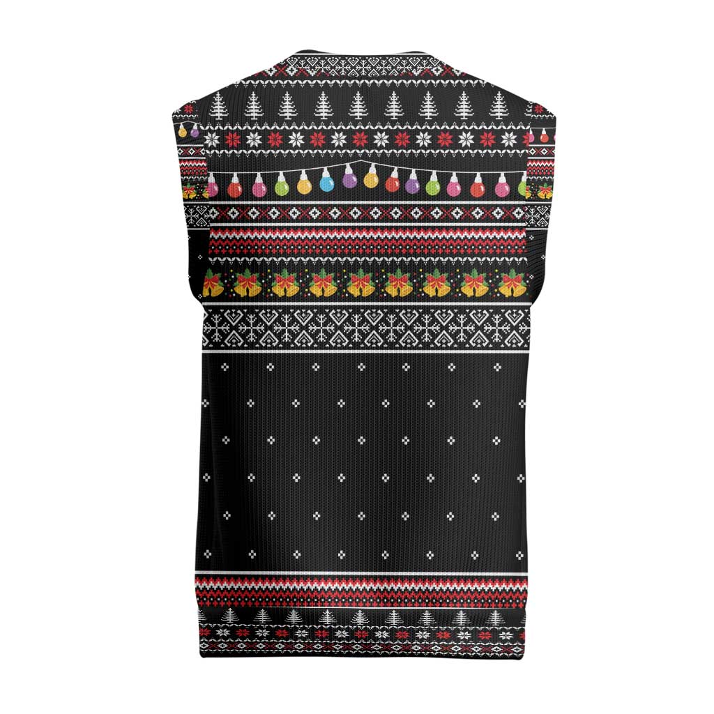 East Timor Christmas Knitted V-Neck Vest with Santa in Traditional Robe Gift Basket Ho Ho Ho Text and Black Festive - Wonder Print Shop